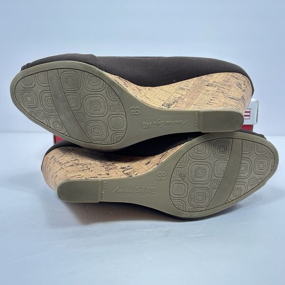 American Eagle Brown Fabric Peep Toe Cork Wedge Heel Shoes 8.5 Bow Classic - Picture 7 of 11